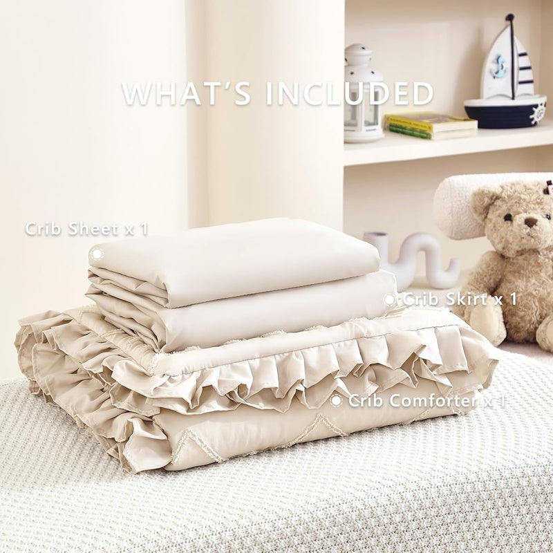 NacoMoco 3-Piece Tufted Ruffle Crib Bedding Set for Girls - Ultra Soft Baby Bedding Set Includes Boho Crib Comforter, Sheet & Skirt (Beige) - Image 5